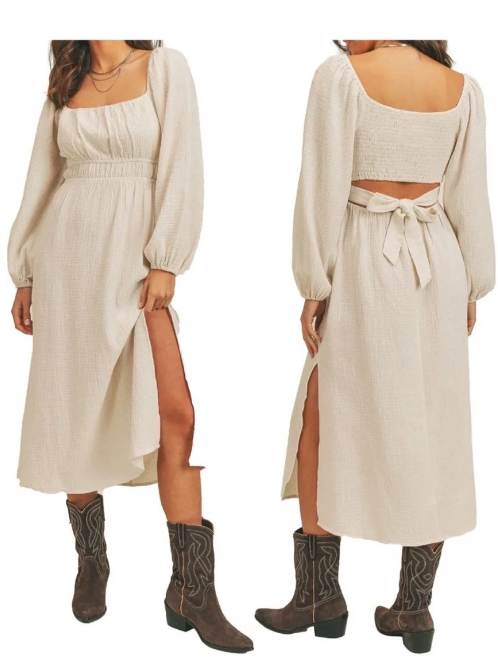 Cream Puff-Sleeve Midi Dress - Elegant Neutral Style